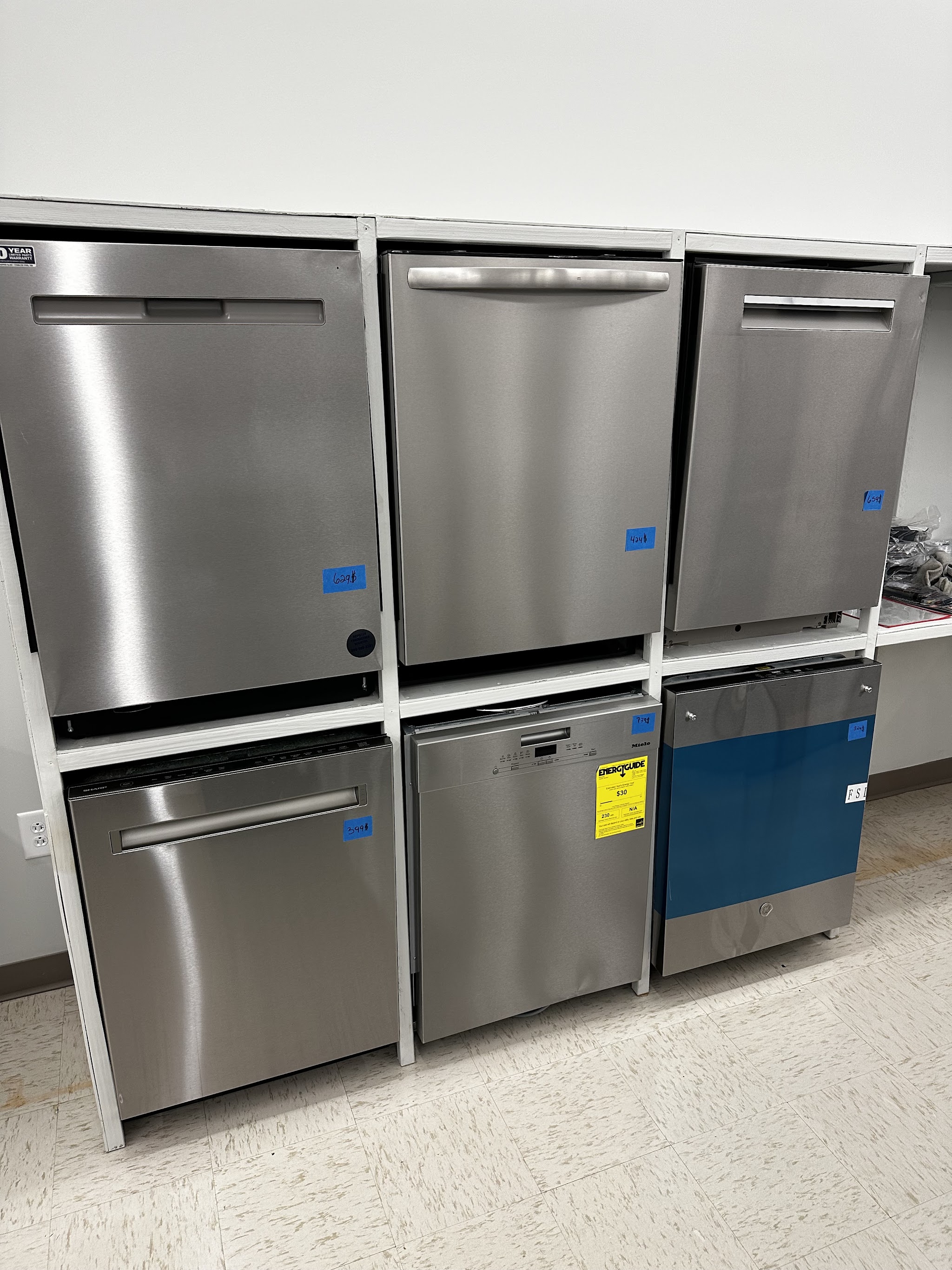 Stainless steel dishwashers on display