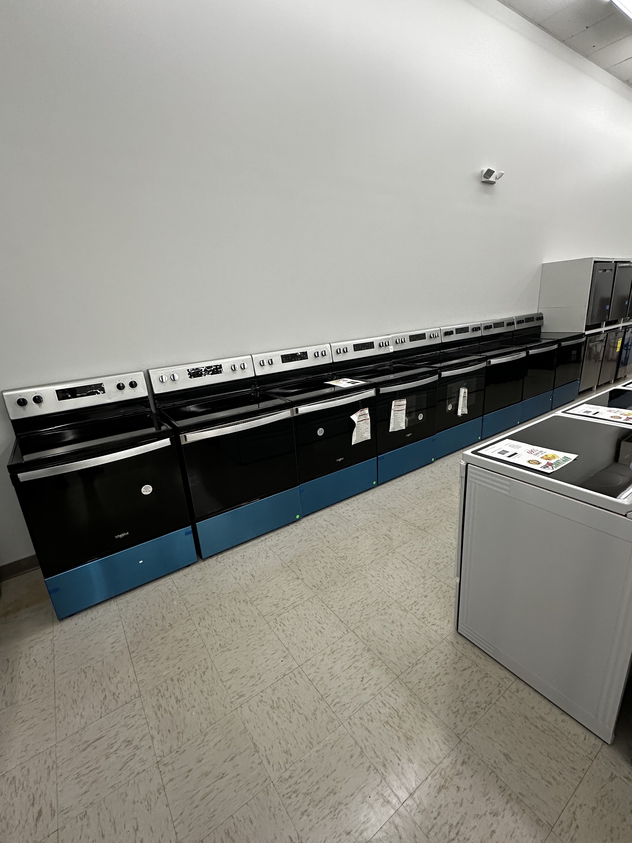 Electric ranges lined up along the back wall